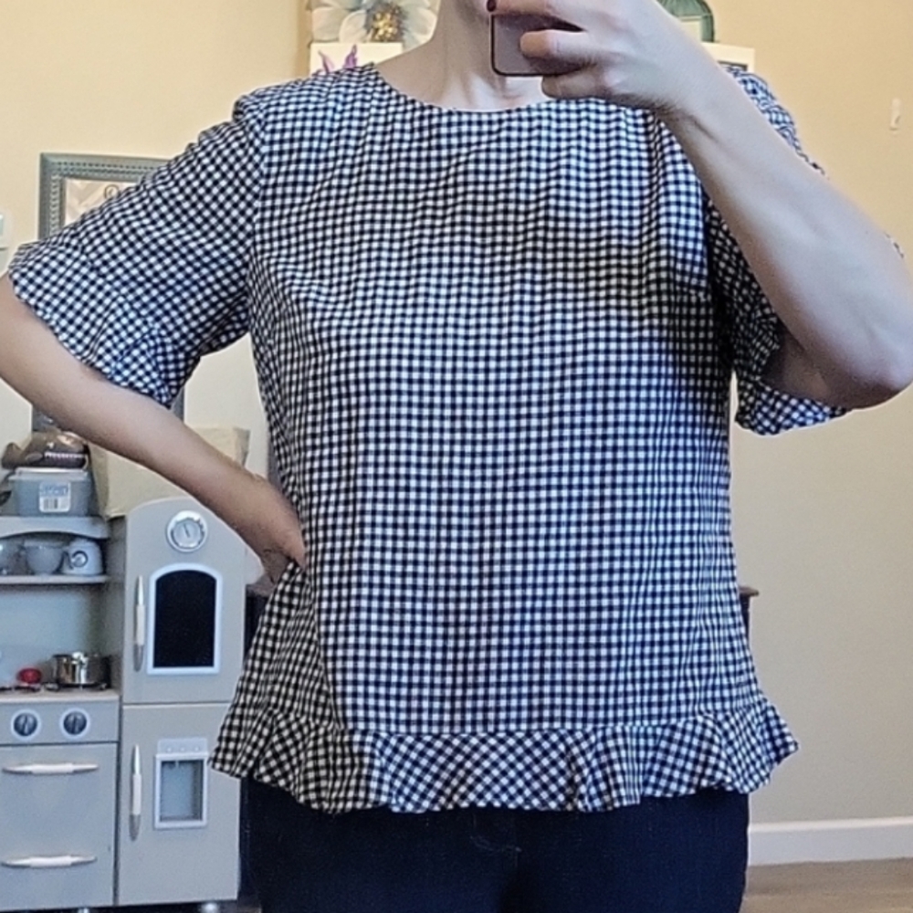 Talbots Black White Gingham Blouse Buttons In Back Ruffled Sleeve Size Large
